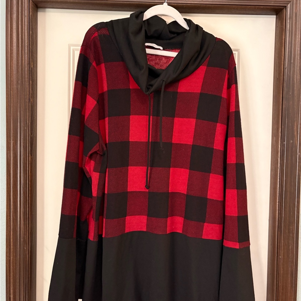 Chic Soul Tunic Buffalo Plaid Red Black Cowl Neck Sweater sz 3X